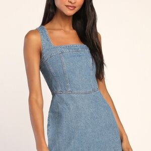 Lulus So Delighted Medium Wash Denim Corset Seam Mini Dress Blue - Size S